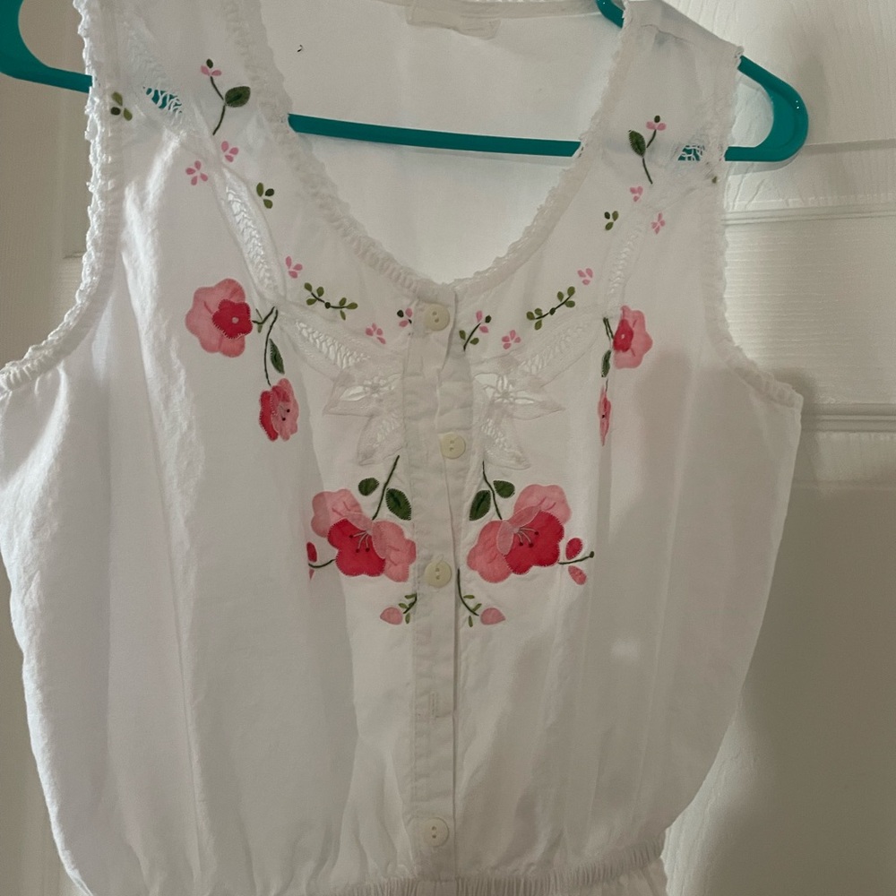 Vintage White Sleeveless Top with Pink Floral Embroidery